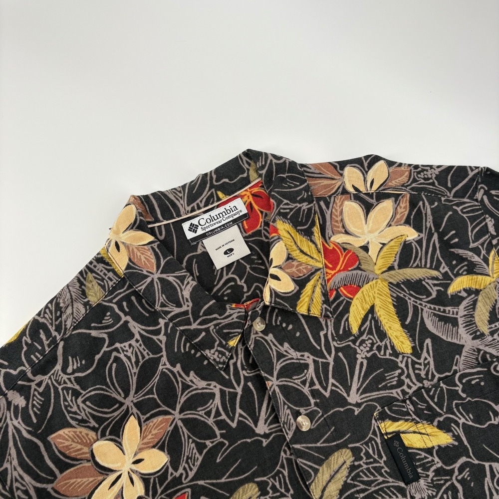 Columbia Button Down Shirt Large Black Floral Hawaiian Linen Blend Aloha Men